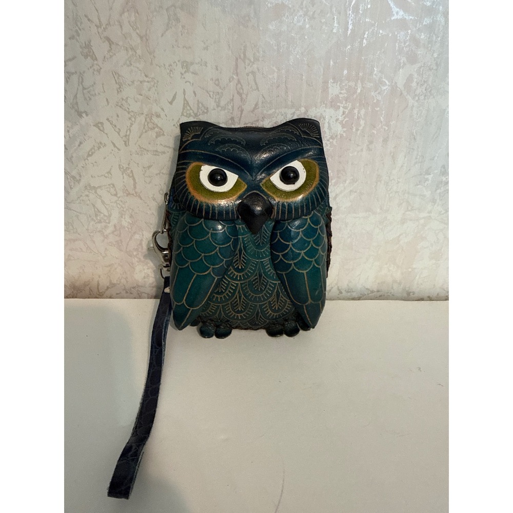 Vintage Handcrafted Leather Owl Coin Purse Keychain Wristlet Teal Blue